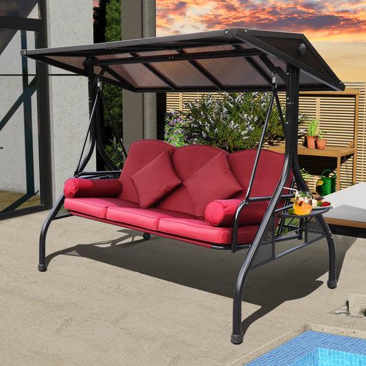 Outdoor Porch Swings with Adjustable PC Canopy, 3 Cushions, 2 Cup Holders & 4 Pillows, Wine Red